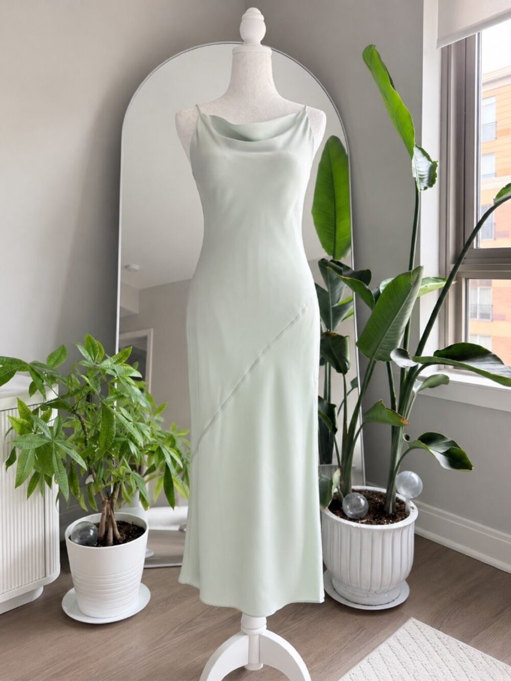 Babaton Satin Slip Midi Dress Sage Green Size 2XS Cowl Neck